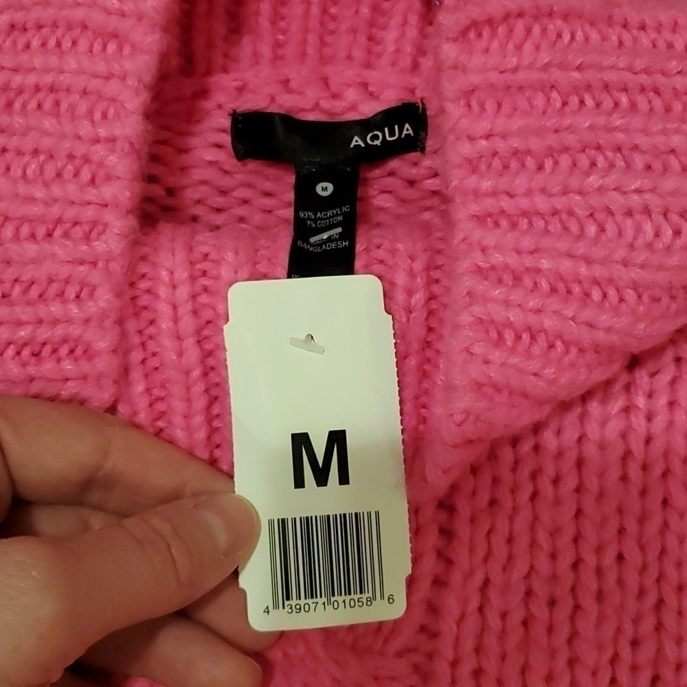 Aqua Cable Knit Balloon Sleeve Hot Pink Sweater - Picture 4 of 9